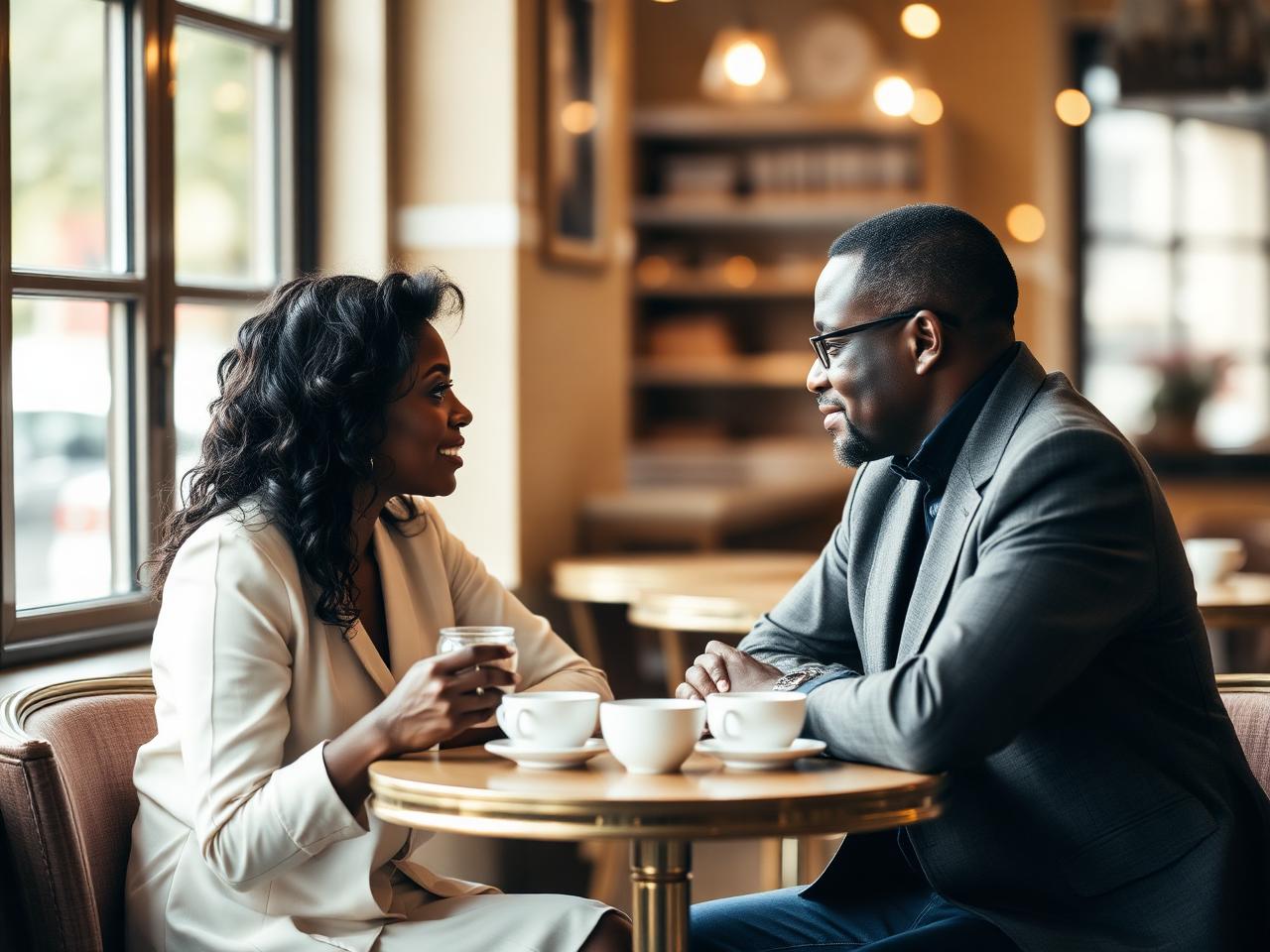 A couple sharing coffee and quiet conversation at a sunlit café table